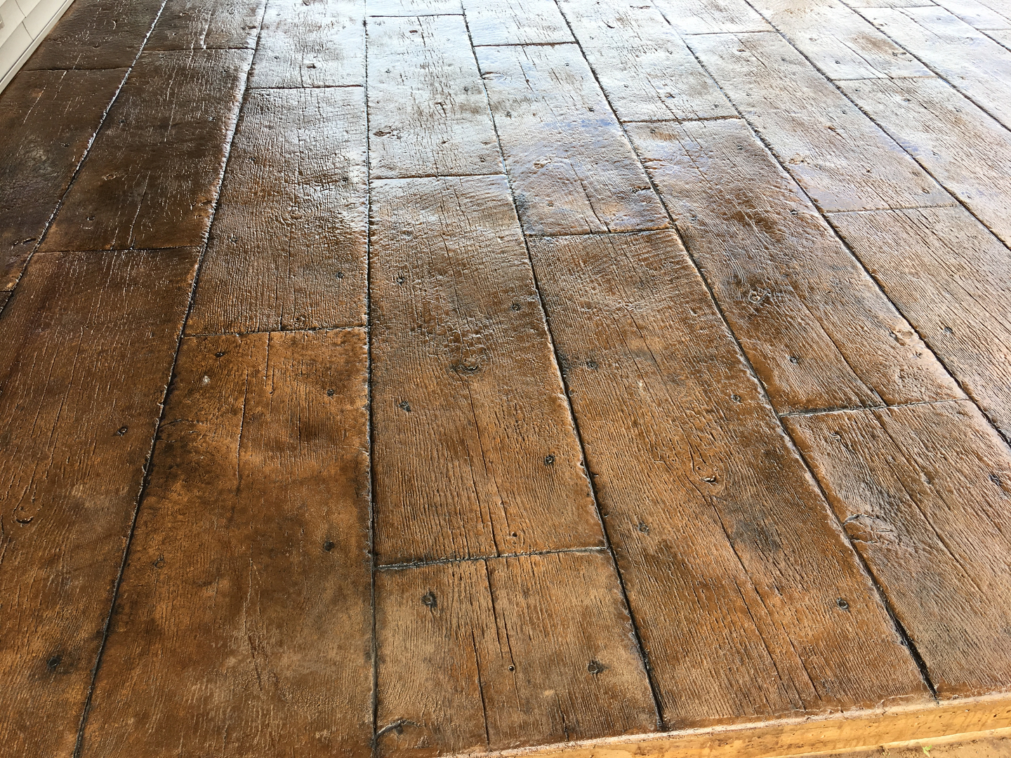 Stamped wood plank flatwork